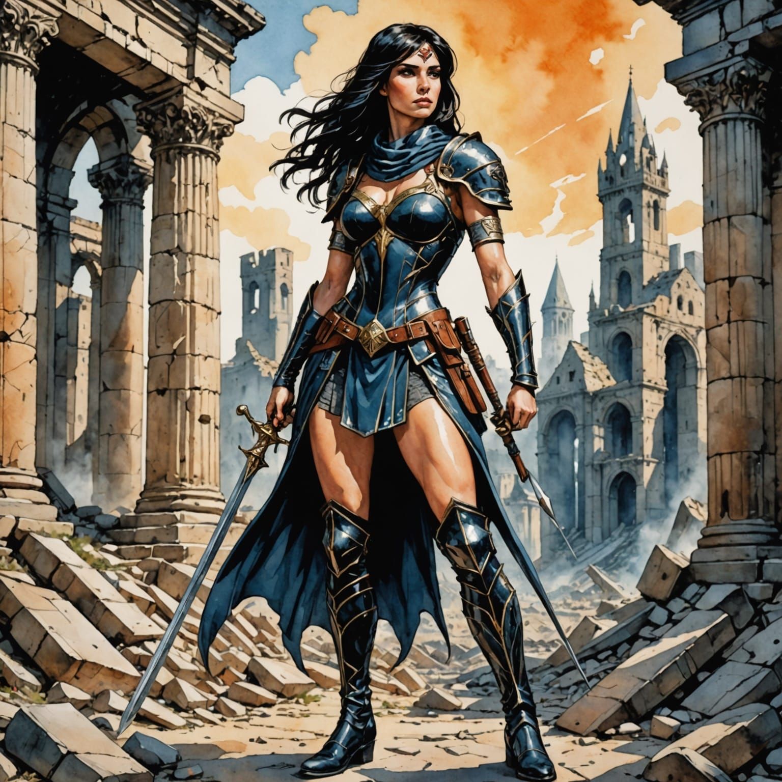 Modern Goddess of War in Vibrant Watercolour