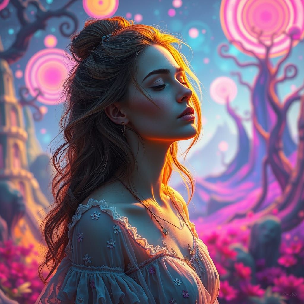 Dreamlike Woman in Neon Psychedelic Landscape