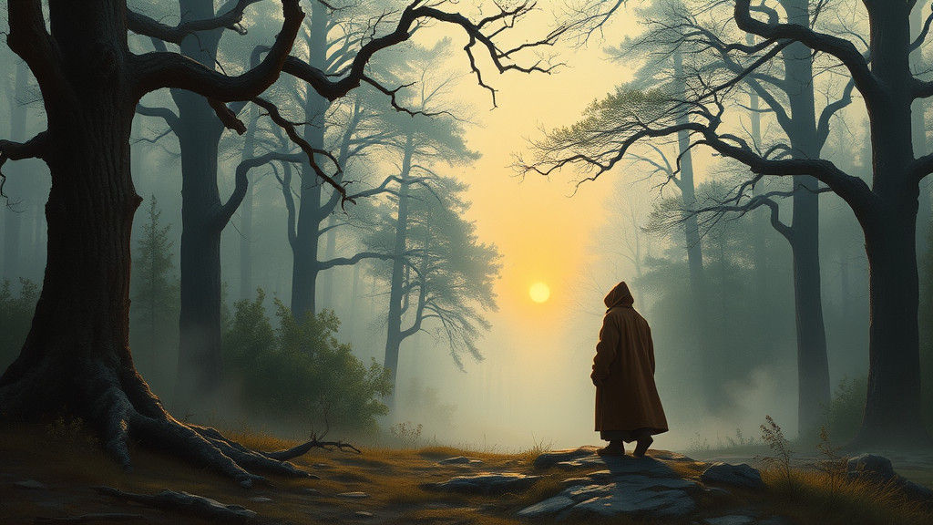 Contemplative Figure in Misty Forest, as Oil Painting