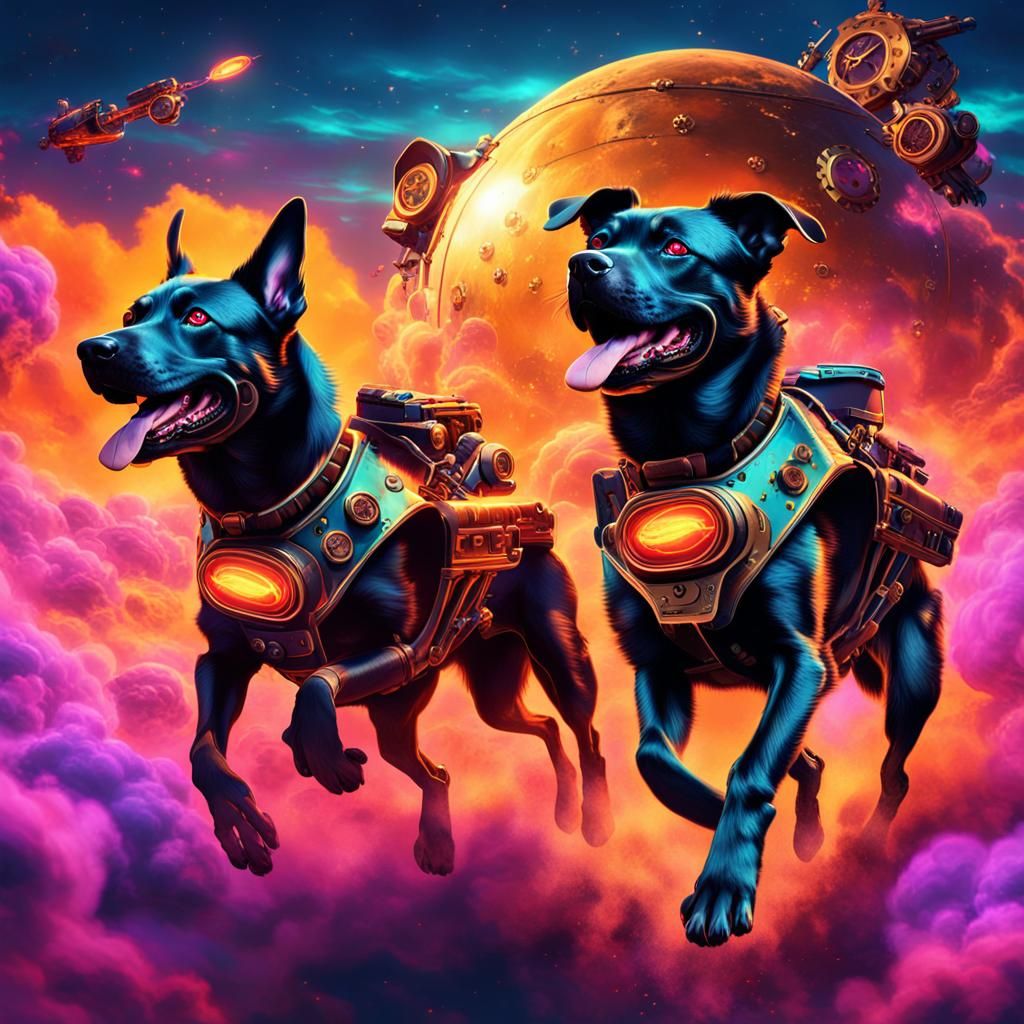 Steampunk Dogs Battle in Neon Lit Sky