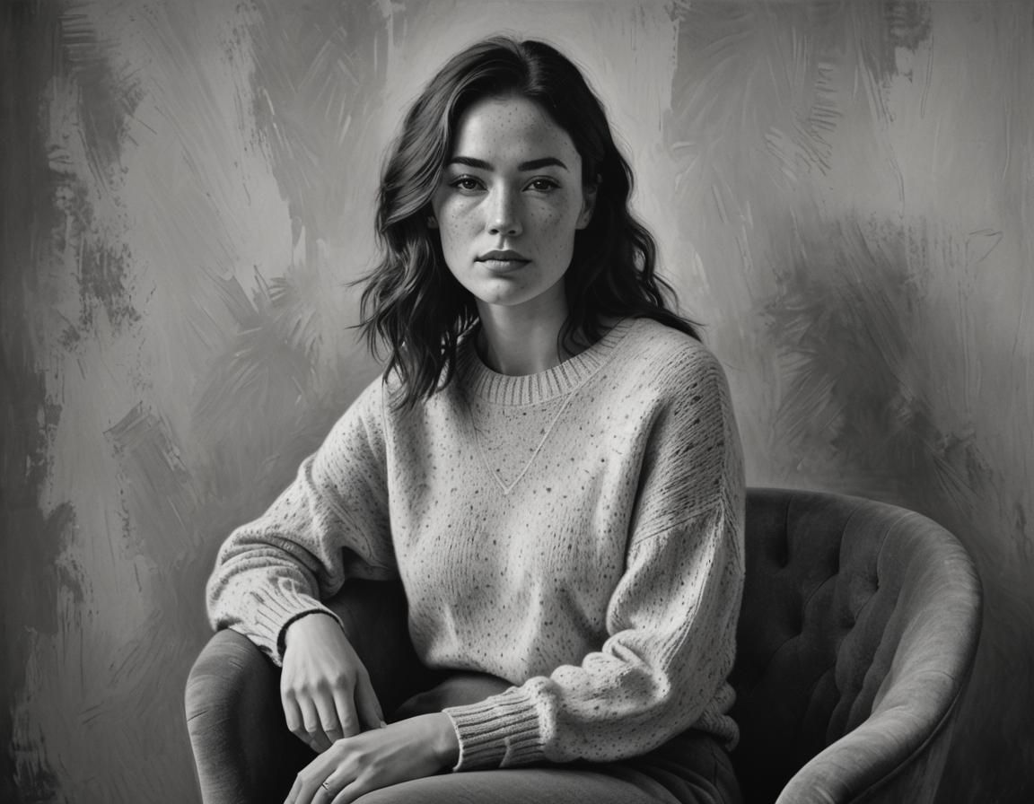 Monochrome Portrait of Freckled Woman with Soft Brushstrokes