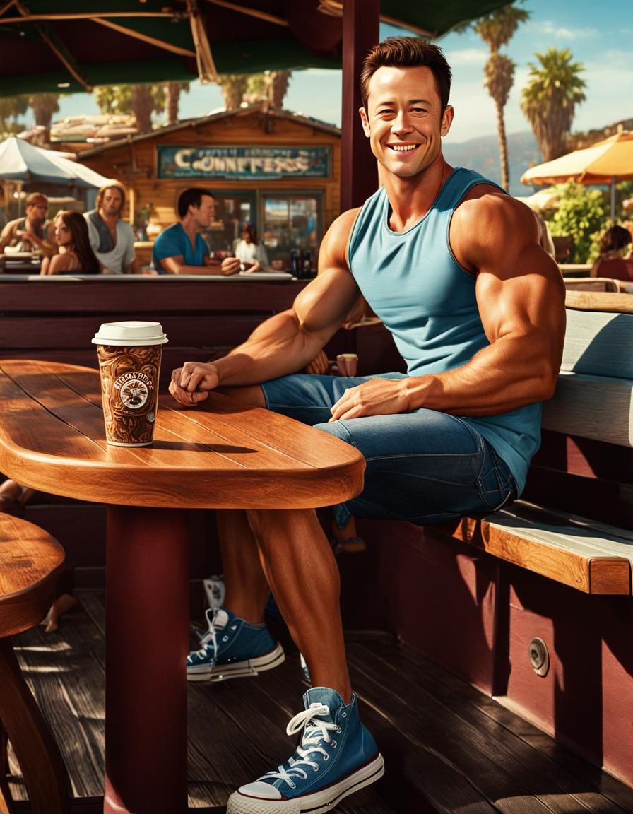 Muscular Man at Malibu Cafe: Detailed Matte Painting