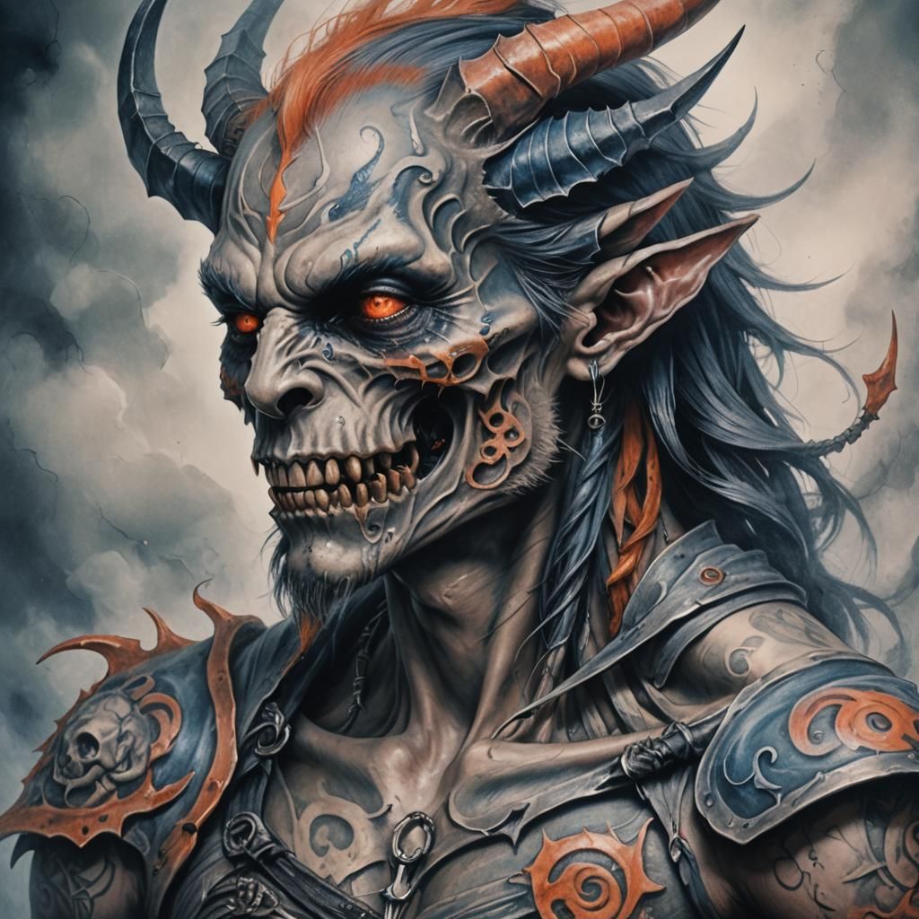 Dark Fantasy Demon with Skull Scythe Tattoo Art