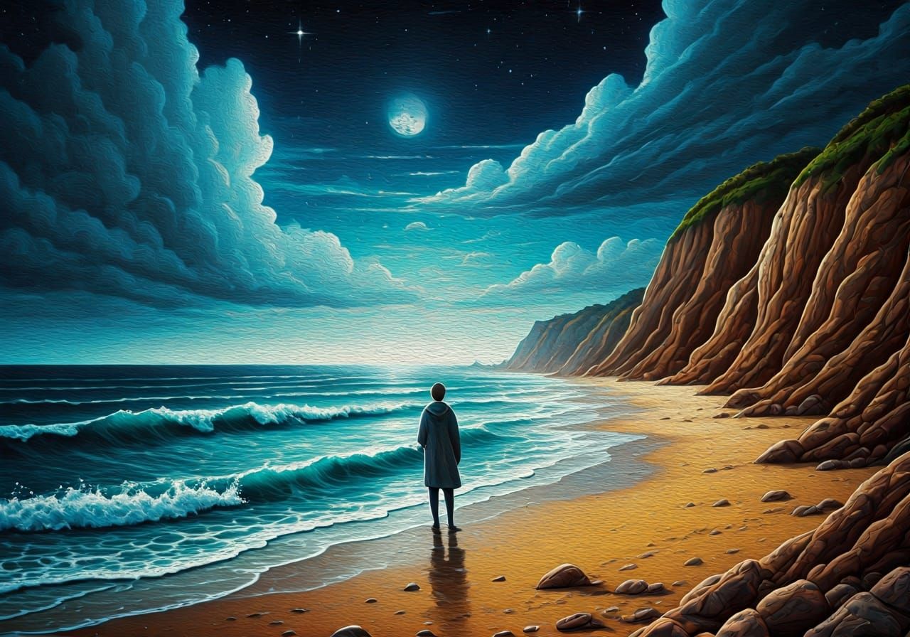 Coastal Night Scene with Impasto Waves