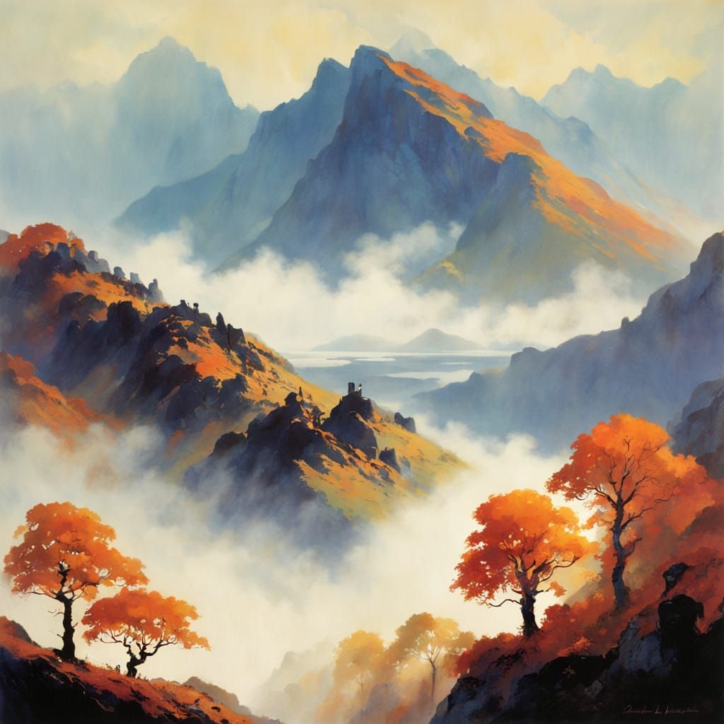 Misty Highland Landscape Unfolds in Warm Autumn Light