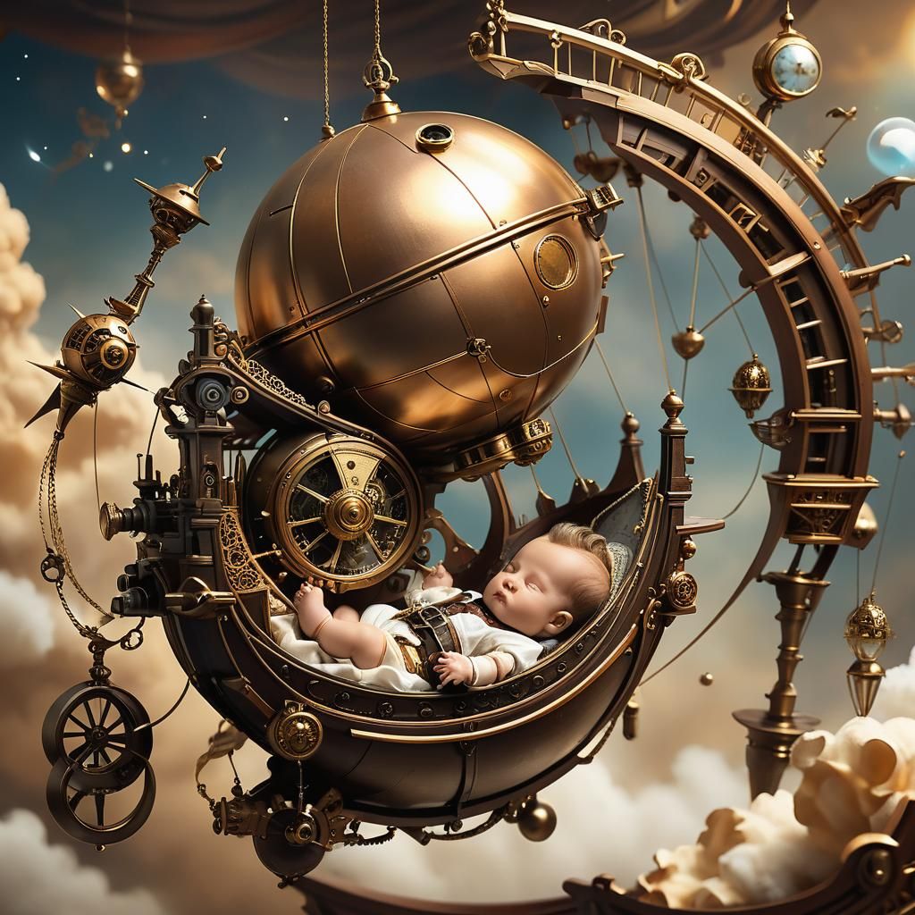 Steampunk Baby in Cradle with Nautilus Mobile