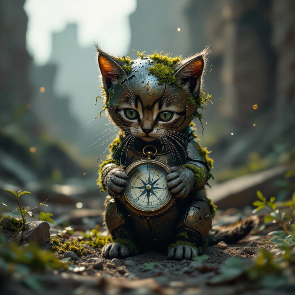 Lone Robot Kitten in Ruined City with Antique Compass