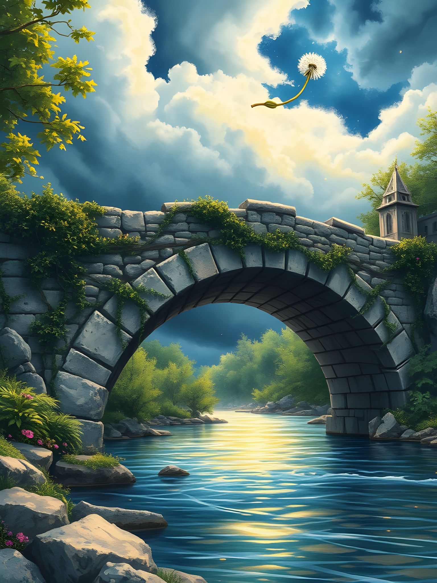 Ancient Bridge in Verdant, Stormy Landscape