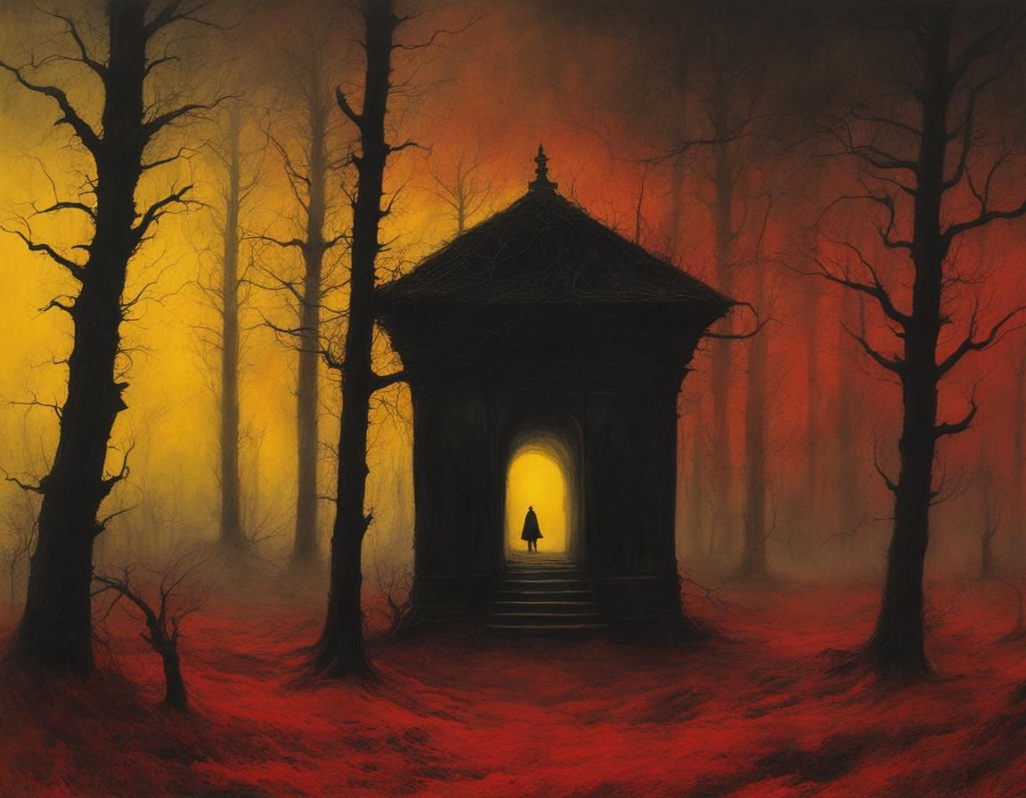 dark ethereal surreal horror art, in the style of Zdzisław Beksiński, red and yellow and black