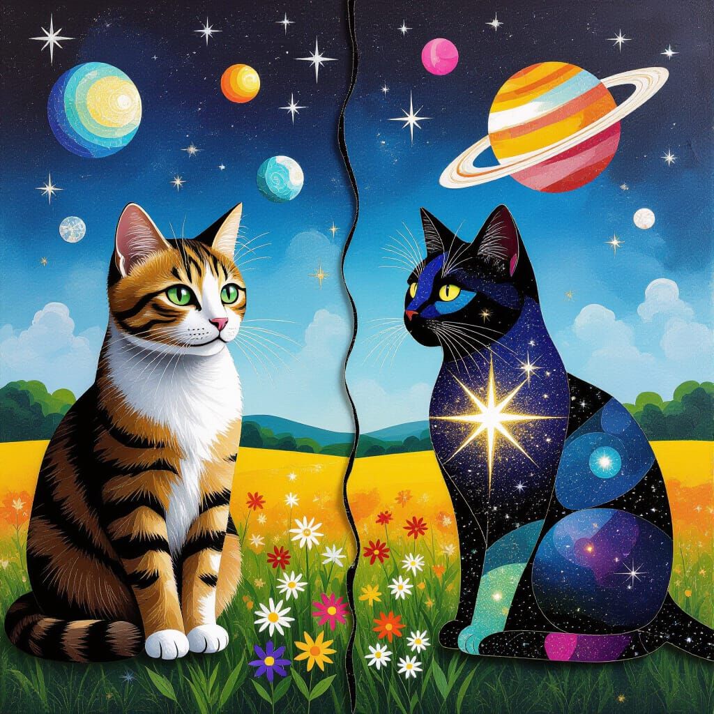 Cosmic Cat Collage: Surreal Mixed Media Art