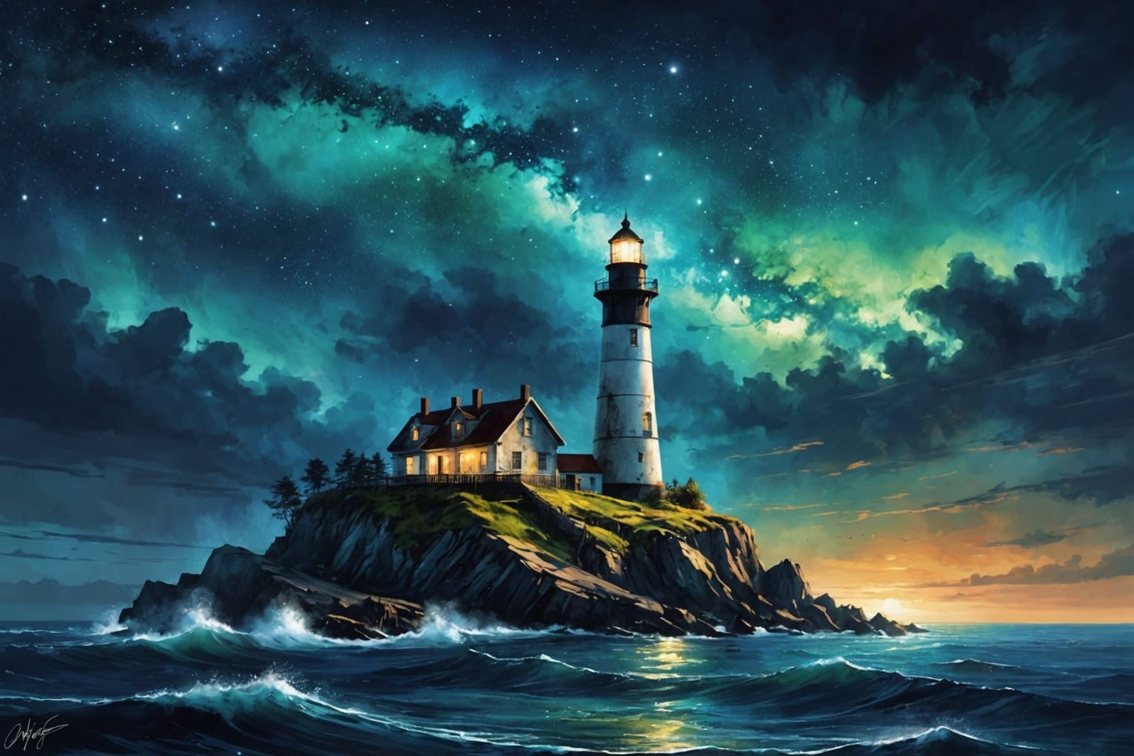 Lighthouse Amidst Midnight Nebula: A Digital Painting