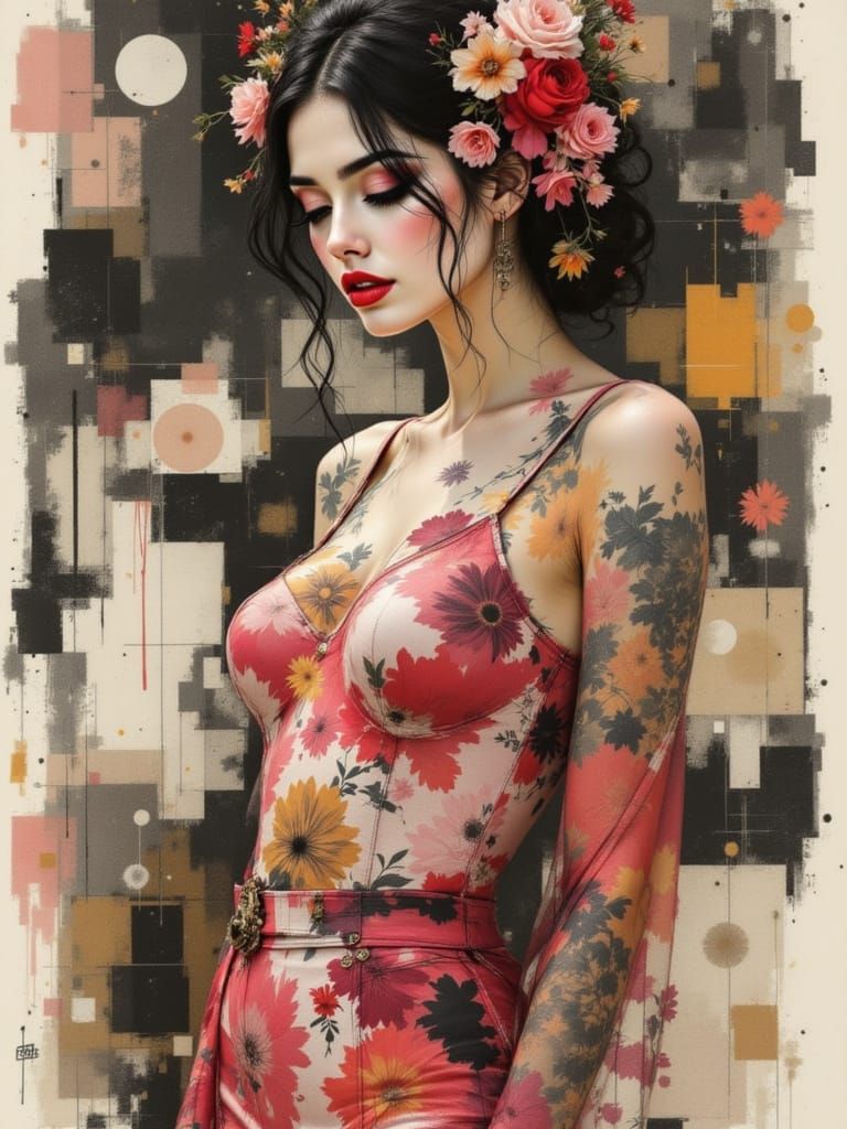 Abstract Floral Composition in Ink Brush Style