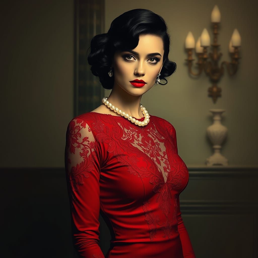 1930s Femme Fatale in Red Gown, Noir Style