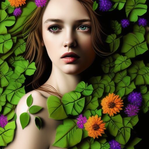 Ethereal Woman Adorned with Flowers: Hyperrealistic Acrylic ...