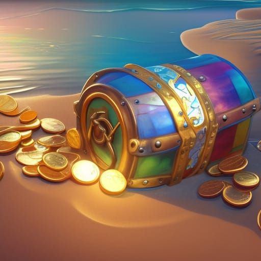Glittering Treasure Chest on Sandy Beach