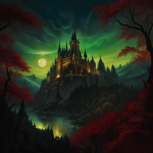 Dracula's Castle: Occult Horror Landscape in Oil and Ink