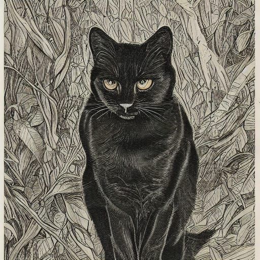 Regal Black Feline Seated in Whimsical Charcoal Drawing