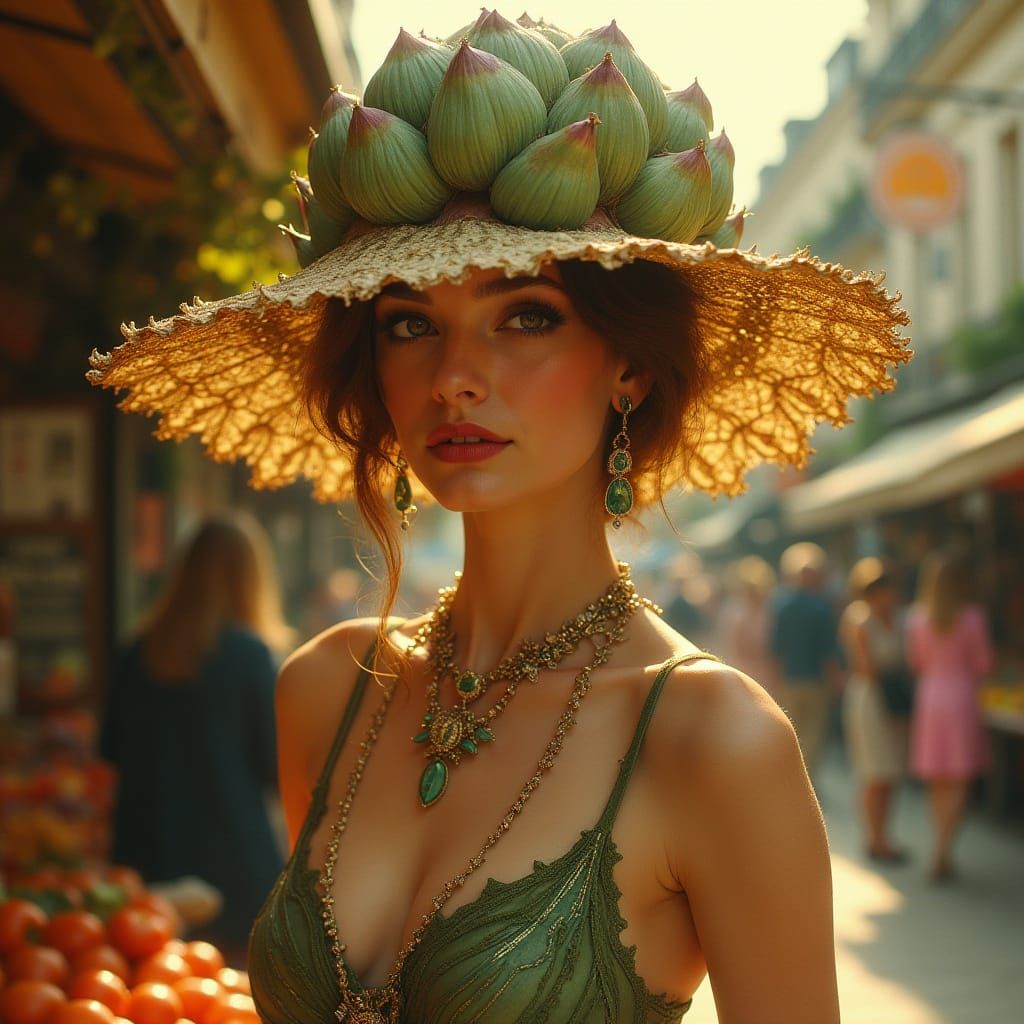 Woman in Art Nouveau Artichoke Hat in Paris Market