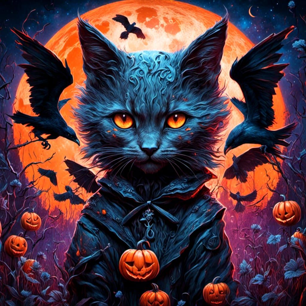 Halloween Kitten in Pumpkin Patch, Astral Illustration