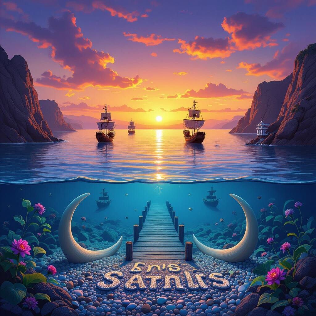 Surreal Dreamscape: Sea, Sunset, and Pagoda on Pier