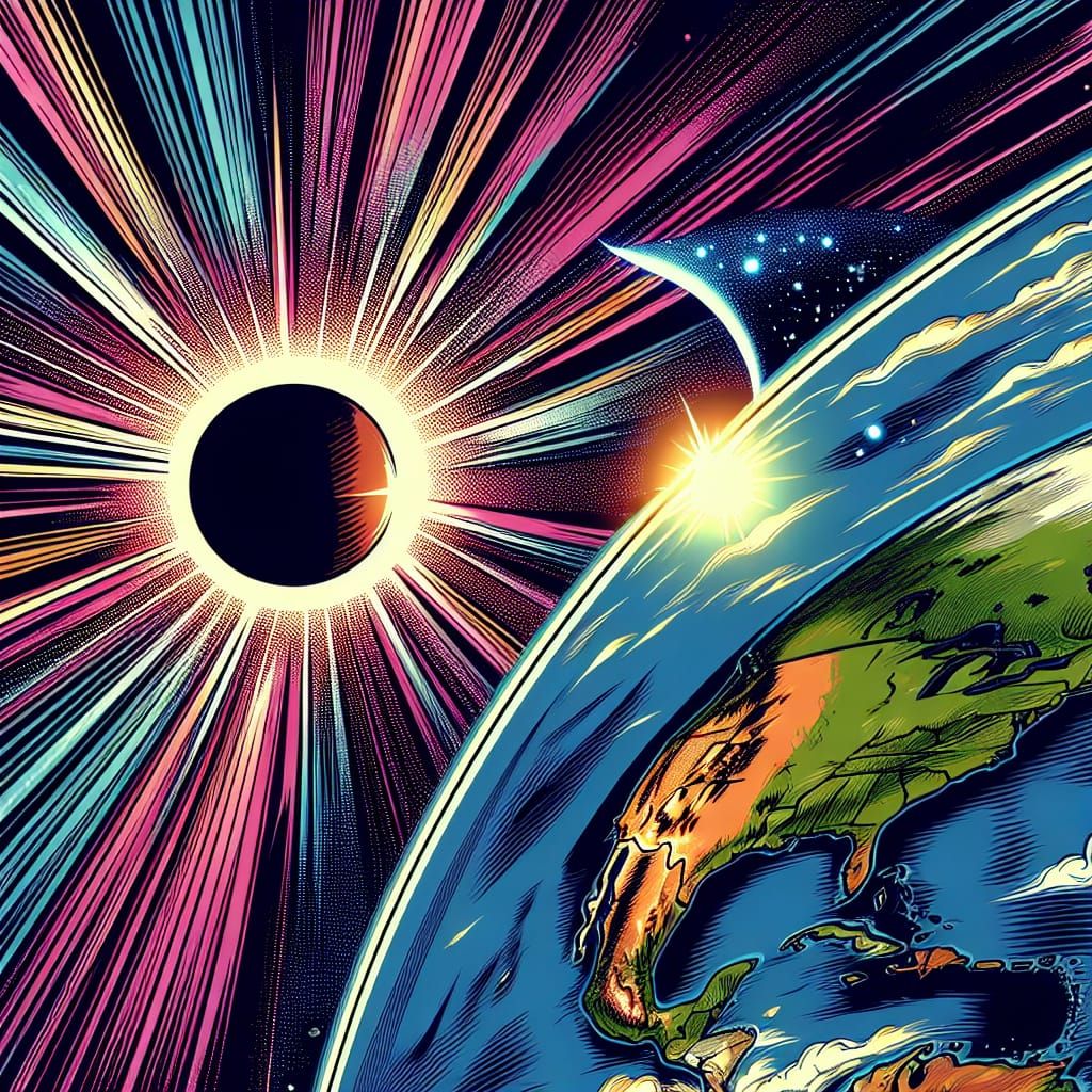 Solar Eclipse Over North America in Comic Book Style