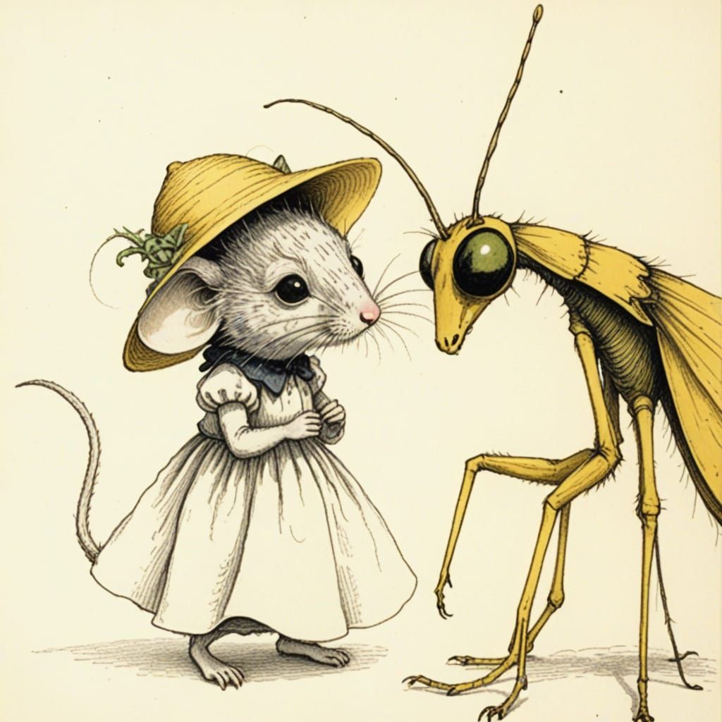 Mouse and Mantis: Surreal Dark Fantasy Illustration