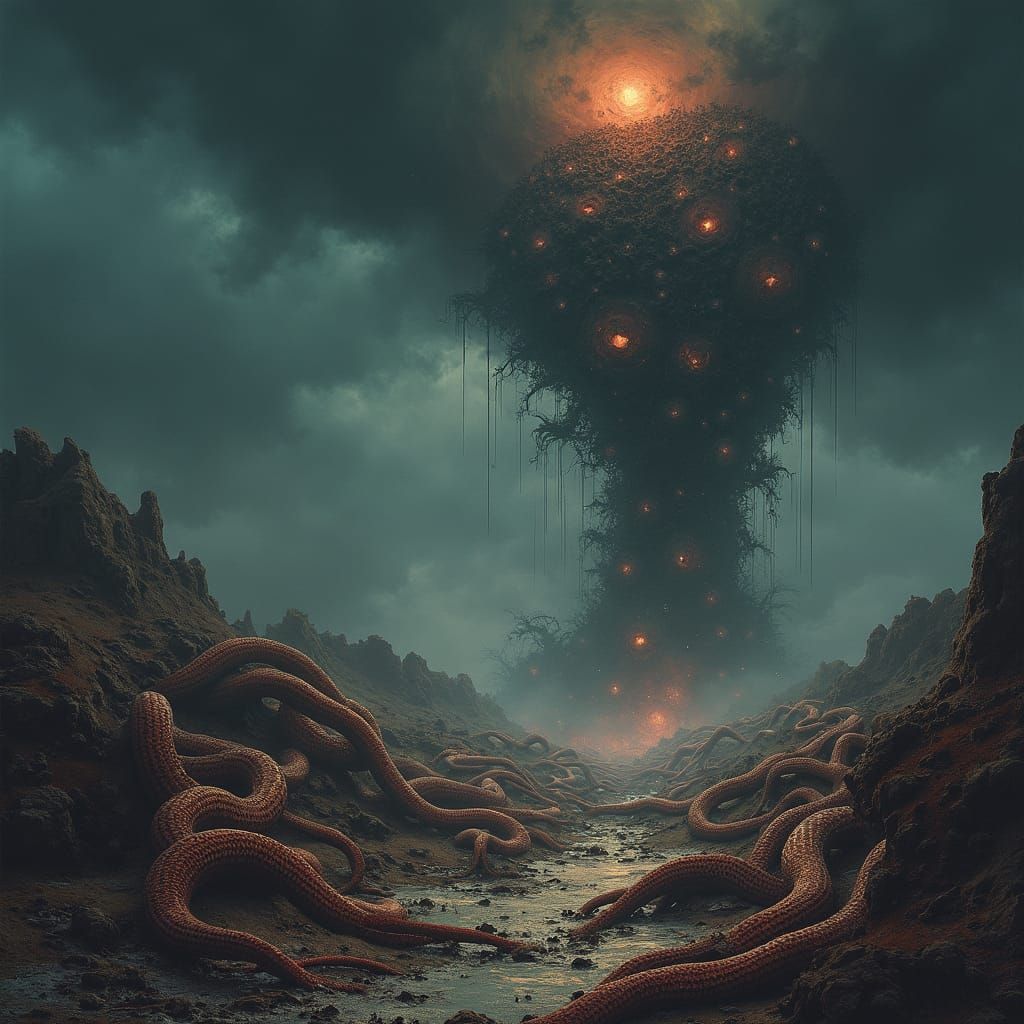 Worms Engulfing Planet in Dystopian Biomechanical Scene