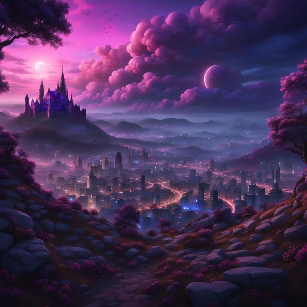 Night Cityscape with Colorful Clouds: Fantasy Art