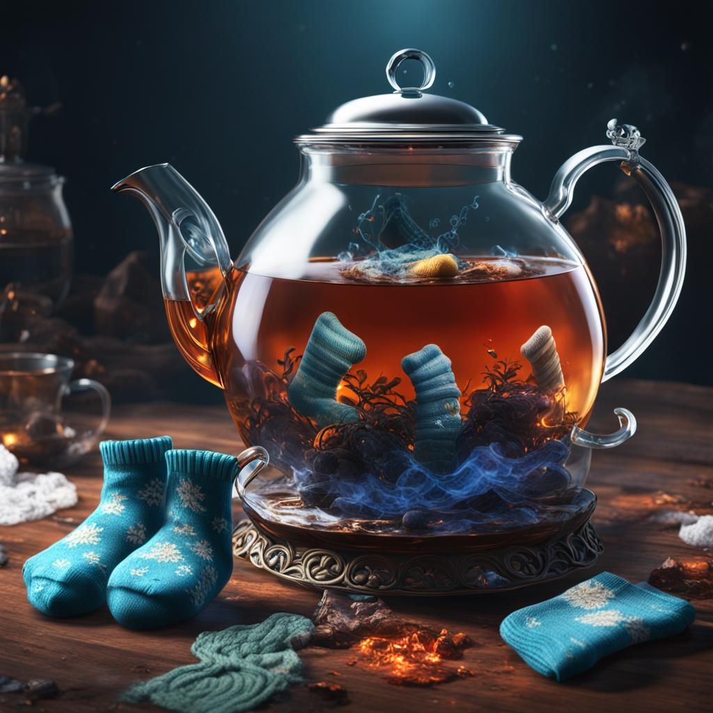 Glass Teapot Overflowing with Socks: Detailed Matte Painting