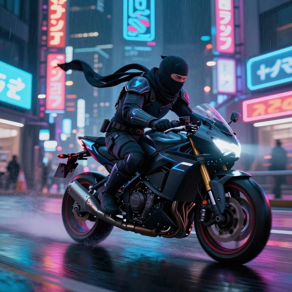 Ninja on Futuristic Motorcycle in Neon City