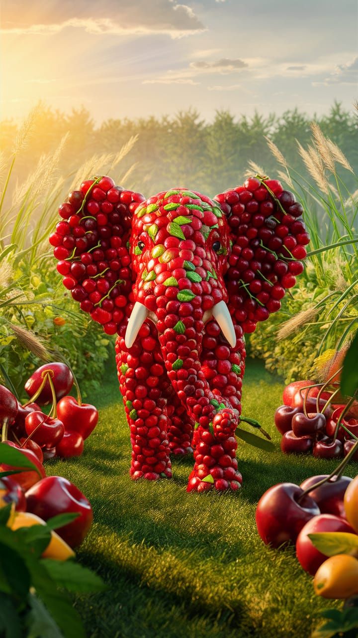 Atari-Inspired Cherry Elephant in Lush Garden: 3D Render