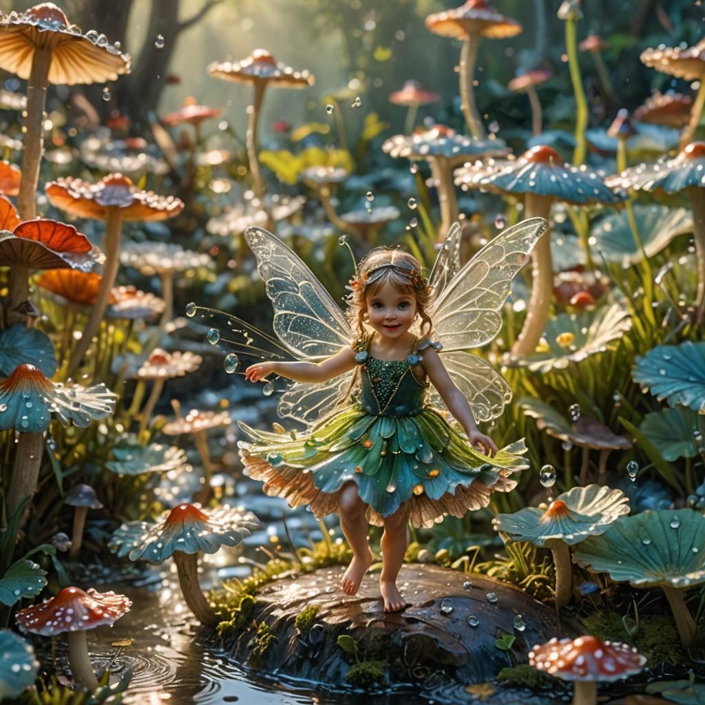 Happy Fairy Dances on Mushroom: Hyperrealistic Macro Photo