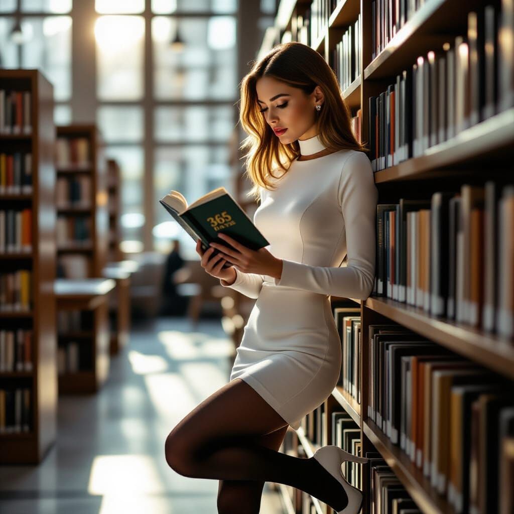 Sophisticated Woman in White Dress in Modern Library