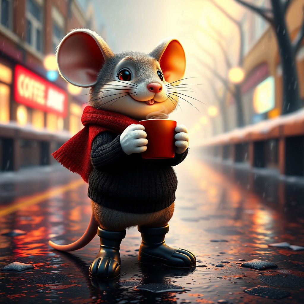 Anthropomorphic Mouse in Winter Rainstorm, 3D Render