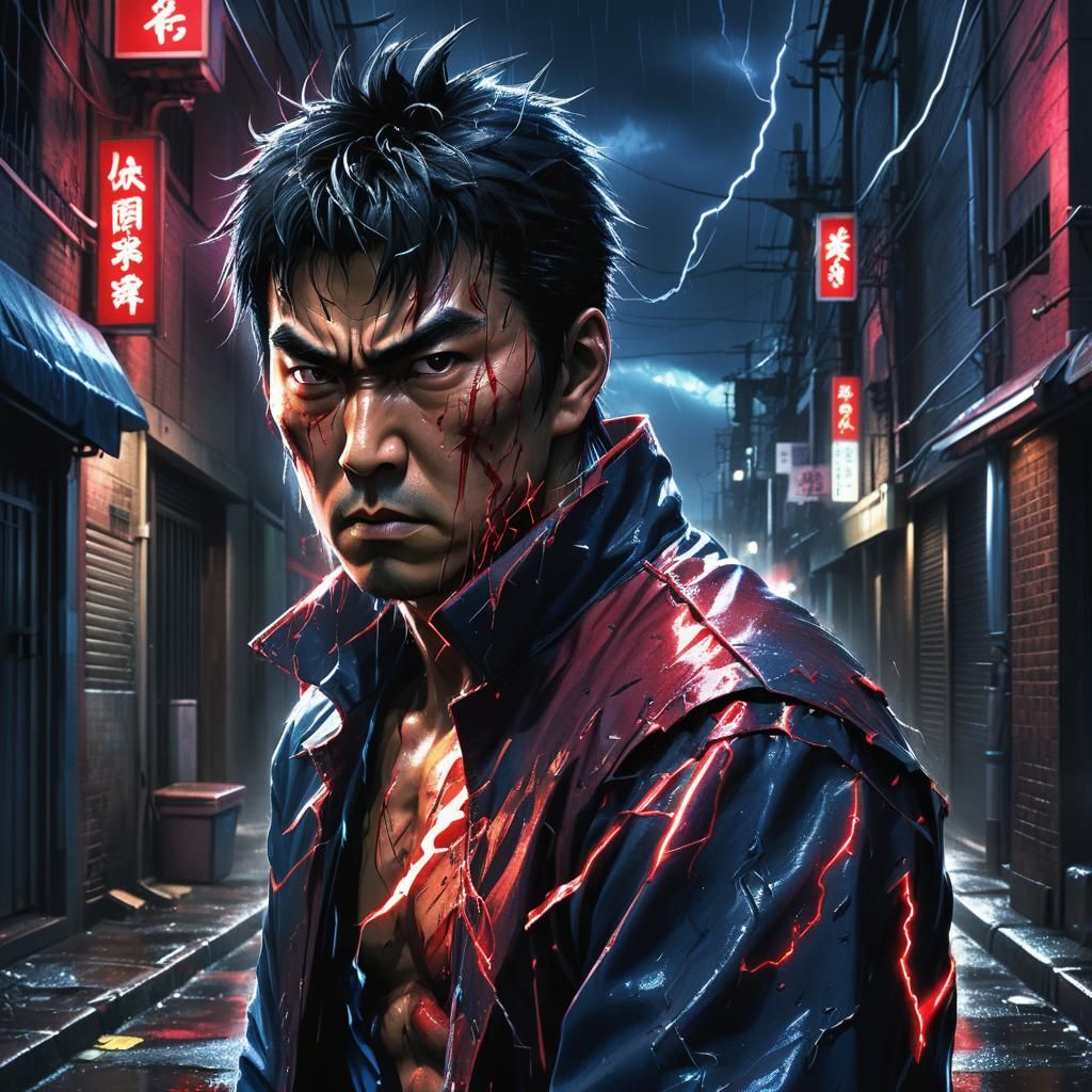 Kazuya Mishima in Dark Alleyway, Anime-Inspired Realism