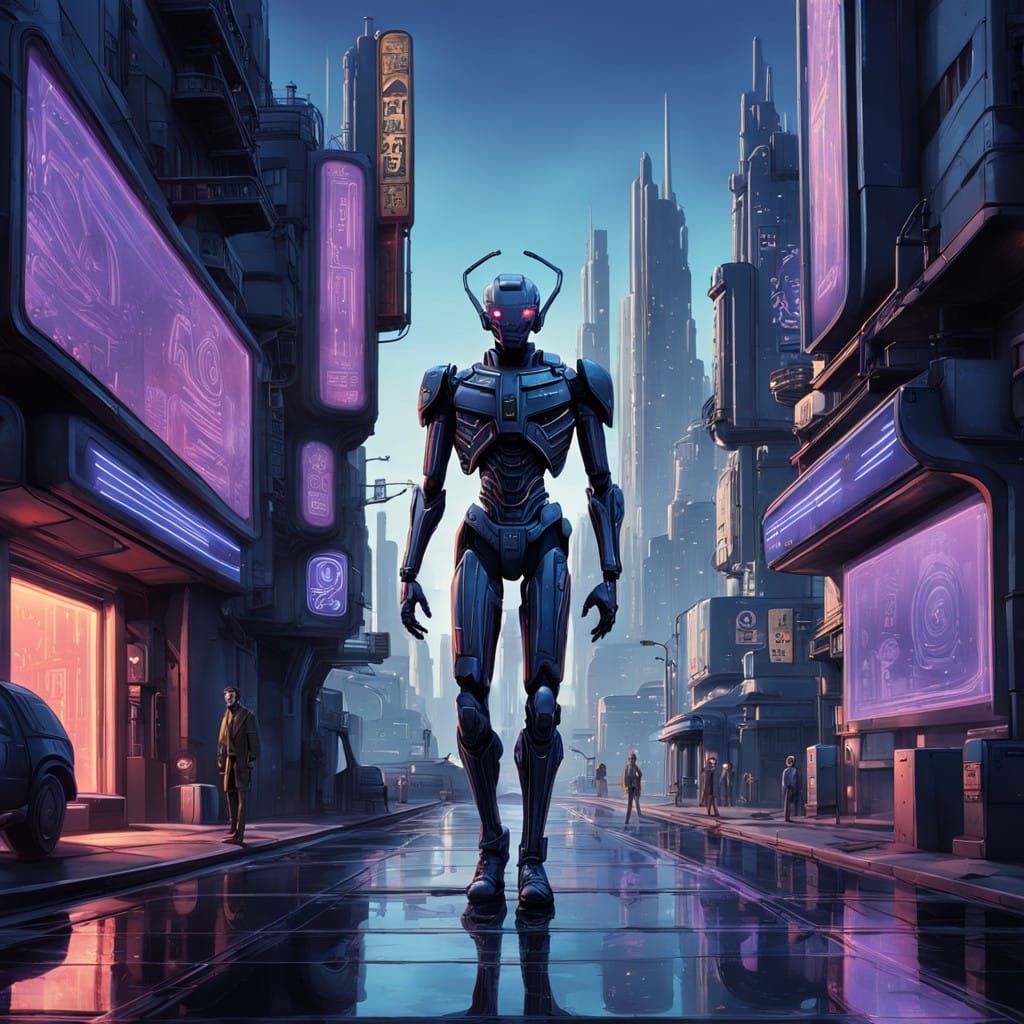 Cyberpunk Cyborg Emerges in Neon-Lit Metropolis