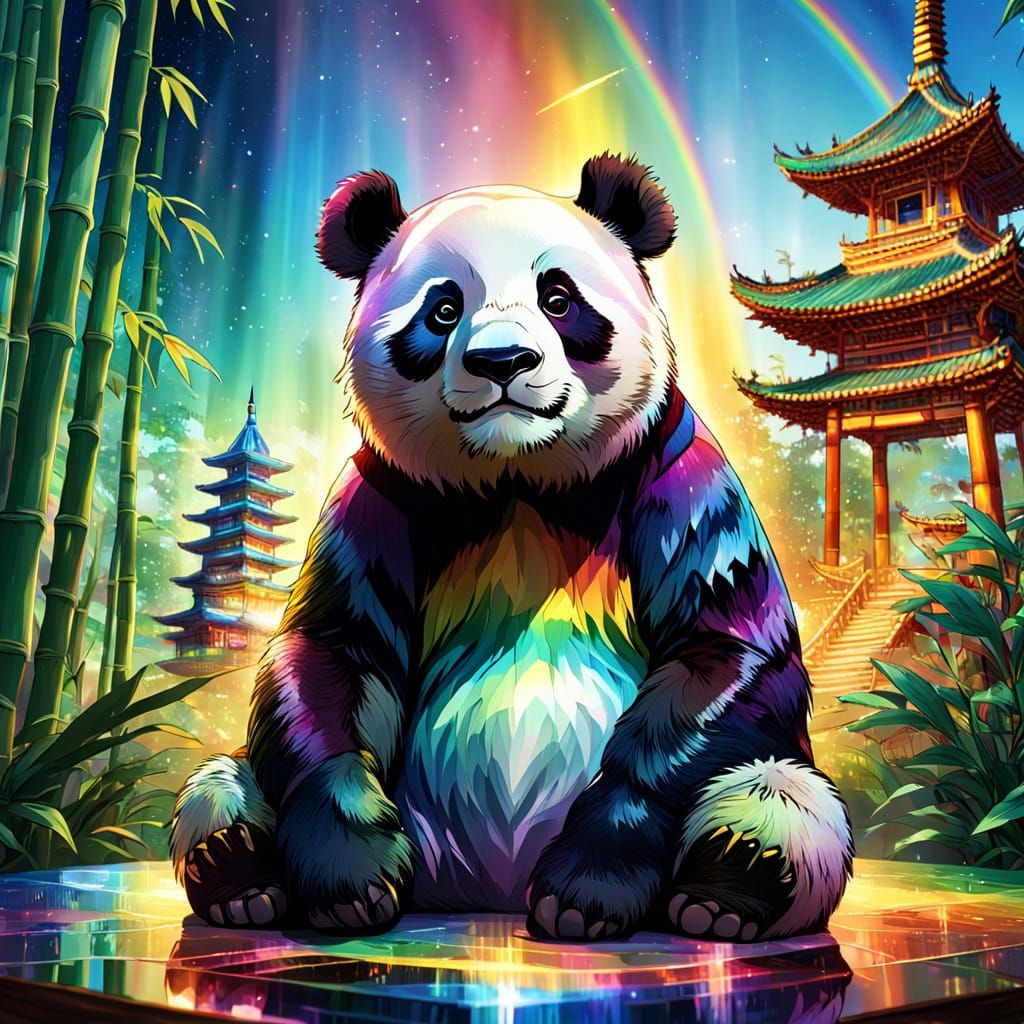 Light going through glass prism casting rainbow next to pand...