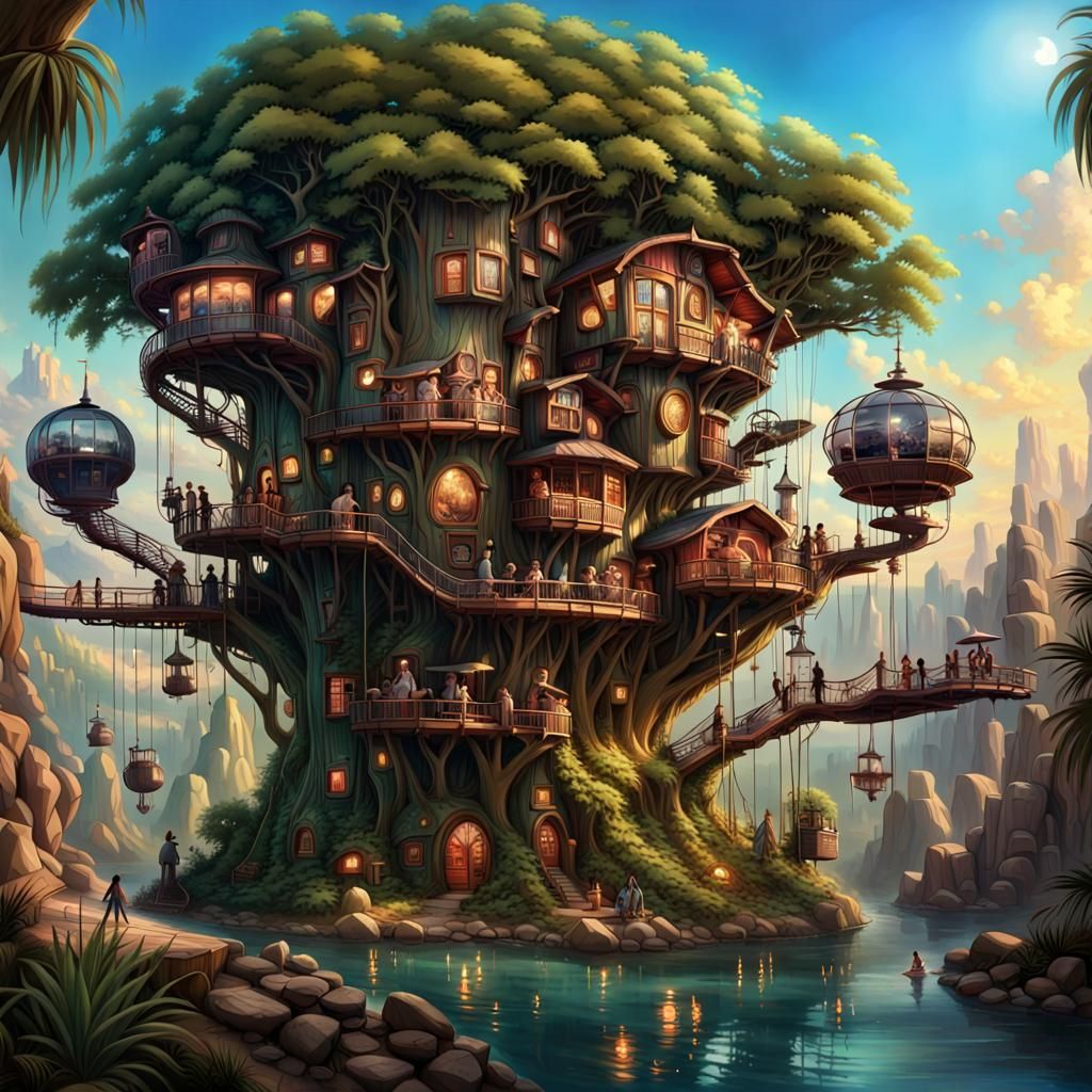 Retrofuturistic Steampunk Treehouse in Matte Painting Style