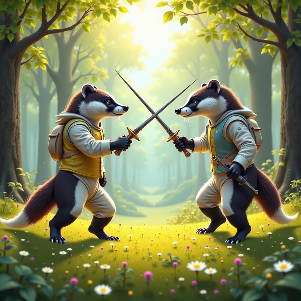 Badgers Duel in Sunlit Forest Clearing