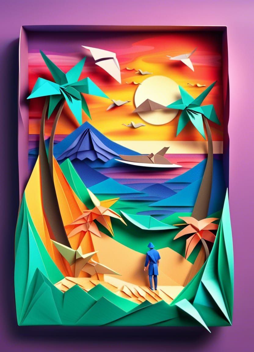 Origami Hawaiian Sunset Beach Scene
