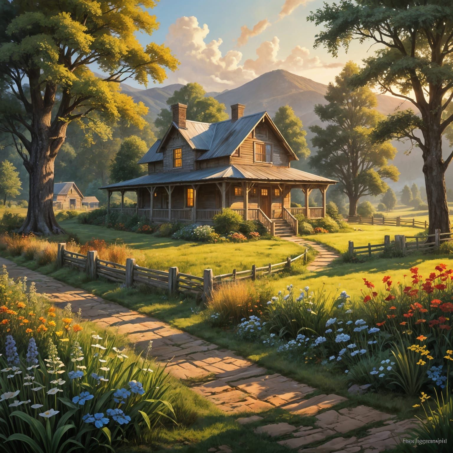 Serene Appalachian Farmhouse Sunrise in Impasto Oil