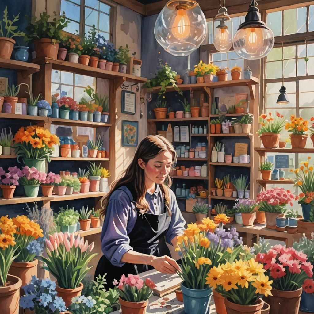 Pastel Gouache Painting of a Witch in Flower Shop