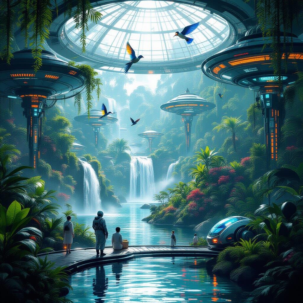 Futuristic Aviary: Exotic Birds and Robotic Caretakers