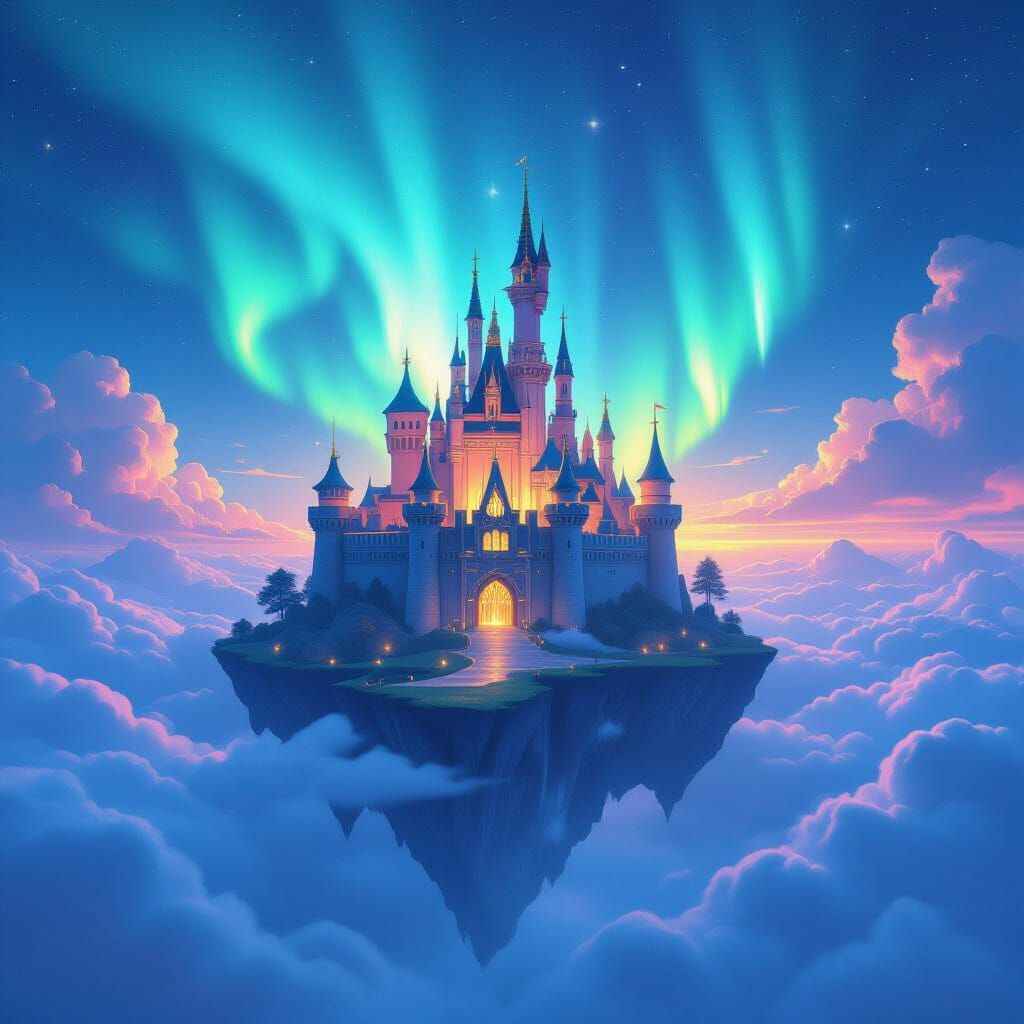 Majestic Castle on Floating Island in Aurora Sky