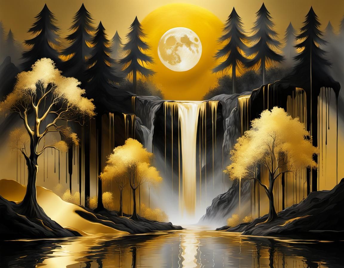 Golden Waterfall Landscape in Abstract Expressionism