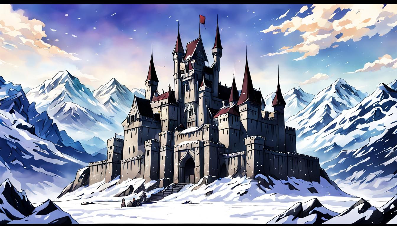 Overlord snowy backdrop mountains castle character focus