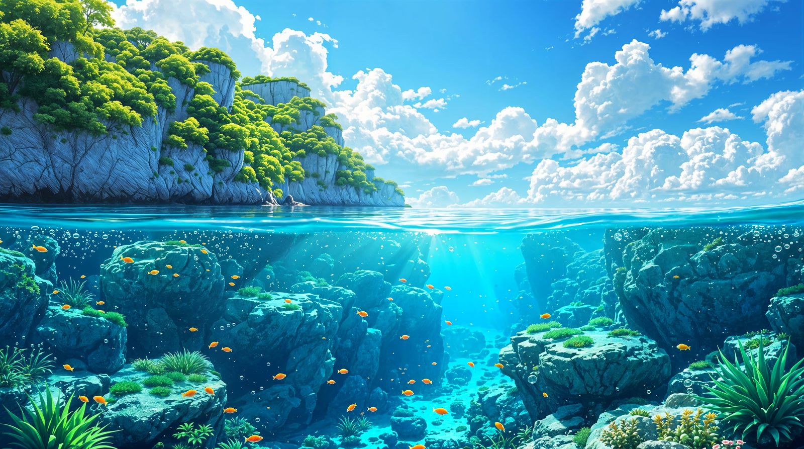 Ethereal Harmony: Split-View of Vibrant Cliffs and Underwate...