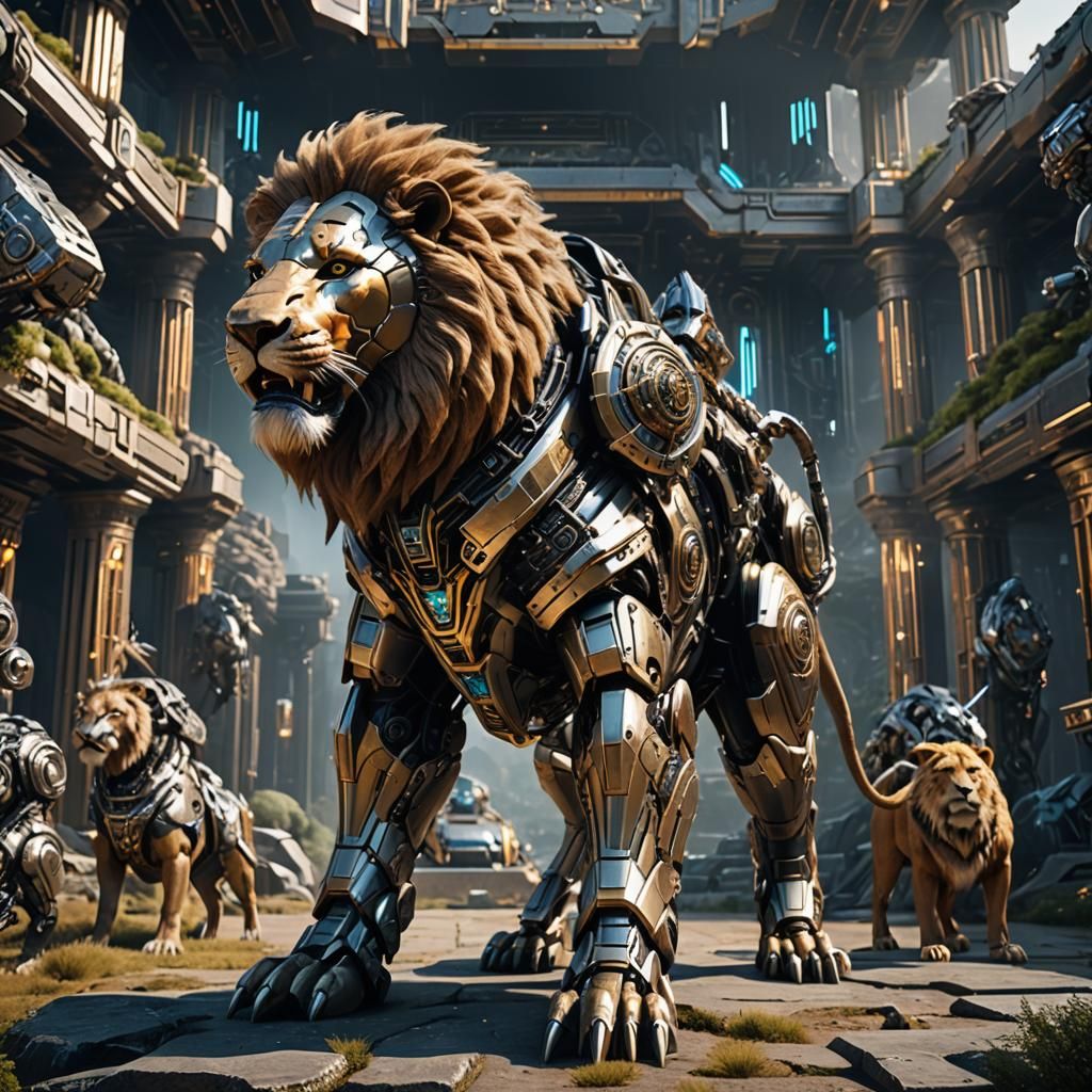 Cybernetic Lion God in Futuristic Temple