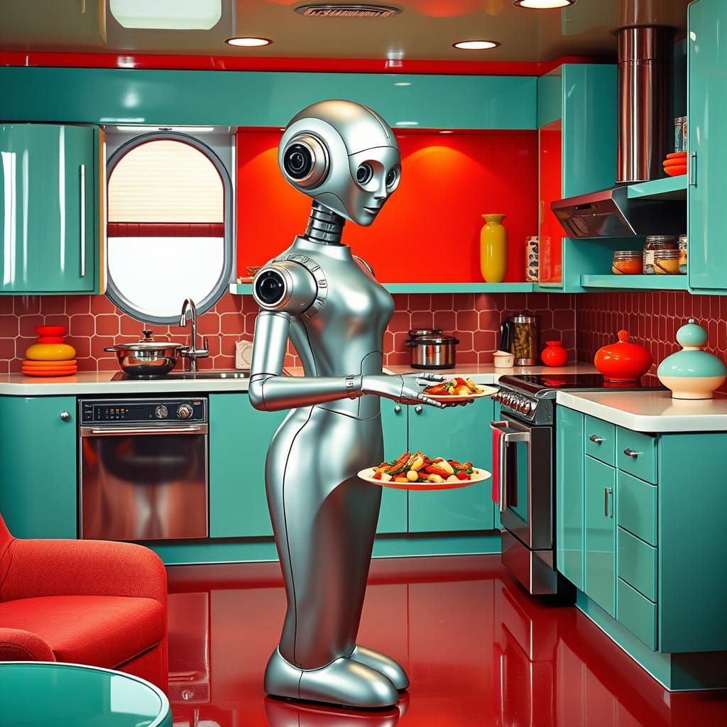 Rosie the Robot in Retro-Futuristic Kitchen