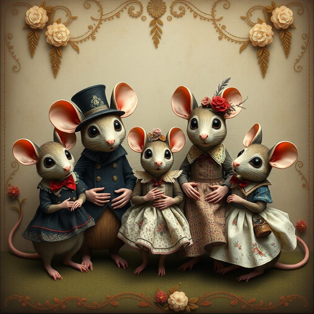 Whimsical Family of Mice in Folk Art Style